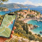 KI-generierte Illustration: Eine Reisekarte auf dem Smartphone führt zu einer gut besuchten Küstenbucht, während benachbarte Buchten ruhig bleiben.
