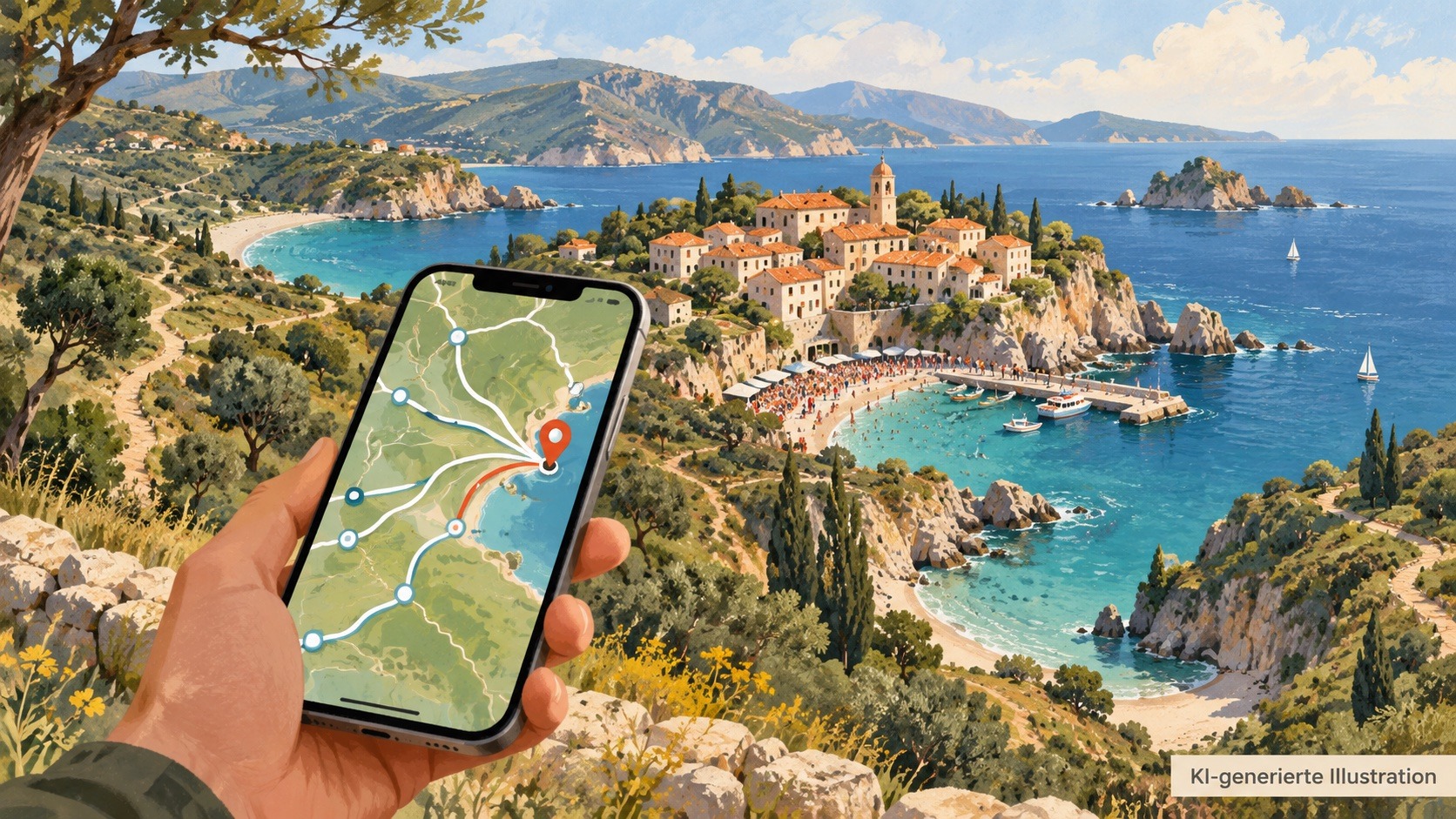 KI-generierte Illustration: Eine Reisekarte auf dem Smartphone führt zu einer gut besuchten Küstenbucht, während benachbarte Buchten ruhig bleiben.